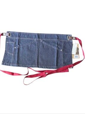 Chef Works Denim Utility Half Apron with Red Waist Tie.